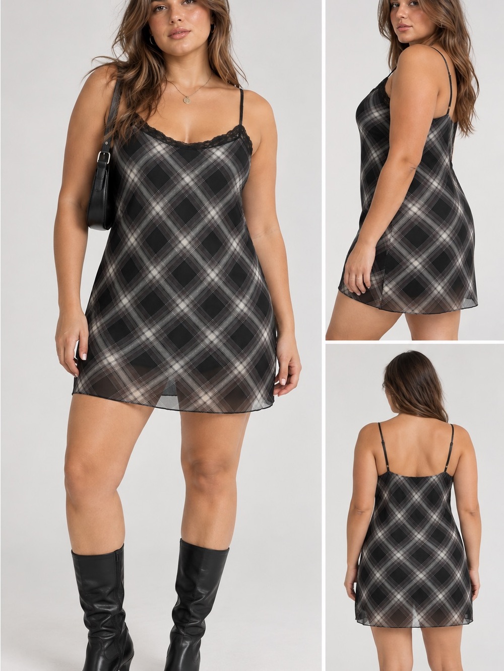 Elodie Black & Gray Plaid Lace-Trim Chemise Slip